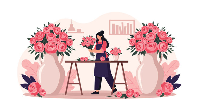 Skilled female florist in an apron arranging beautiful bouquets of pink roses at a wooden table in a flower shop for celebration and gift service.