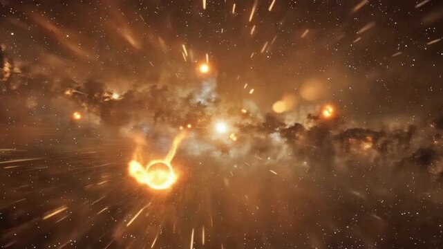 High-speed journey through a golden galaxy with glowing stars and nebula light streaks.