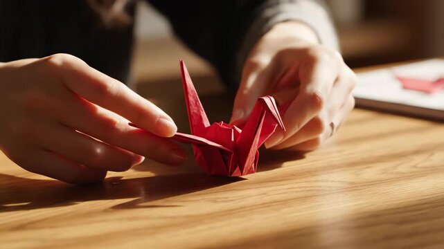 A close-up shot of hands carefully folding a bright red paper bird on a light wood desk illuminated by warm natural sunlight filtering in