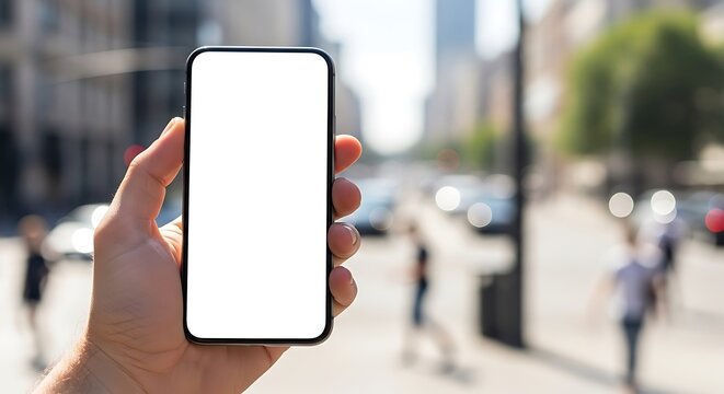 Close-up of a hand holding a modern smartphone with a blank white screen mockup against a blurred urban city street background with people and buildings.