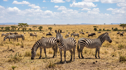 Obraz premium Africa Environment Day zebra herd in savanna grassland showing wildlife biodiversity conservation for environmental protection charity magazine cover