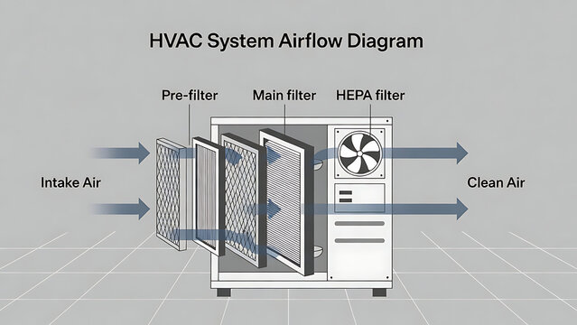 furnace, filter, air, hvac. Diagram illustrating airflow through an HVAC system with intake air passing sequentially through pre-filter, main filter, and HEPA filter to produce clean air.