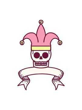 pixelize effect animation of traditional tattoo with banner of a skull jester in bright glow color