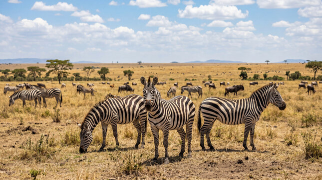 Africa Environment Day zebra herd in savanna grassland showing wildlife biodiversity conservation for environmental protection charity magazine cover