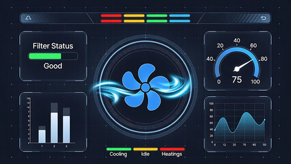 furnace, filter, air, hvac. A futuristic interface displays an air ventilation system's status with charts, a fan icon, temperature gauge, and filter condition indicator.