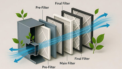 furnace, filter, air, hvac. Illustration of an air filtration system showing pre-filters, main filter, and final filters with clean air and green leaves symbolizing purification.