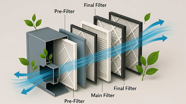 furnace, filter, air, hvac. Illustration of an air filtration system showing pre-filters, main filter, and final filters with clean air and green leaves symbolizing purification.