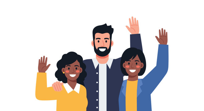 Three diverse friends standing together and waving happily towards the viewer while smiling on a clean white background.