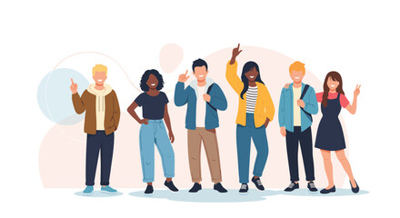 Fototapeta premium Diverse group of young students and friends standing together with different outfits and positive smiling attitudes.