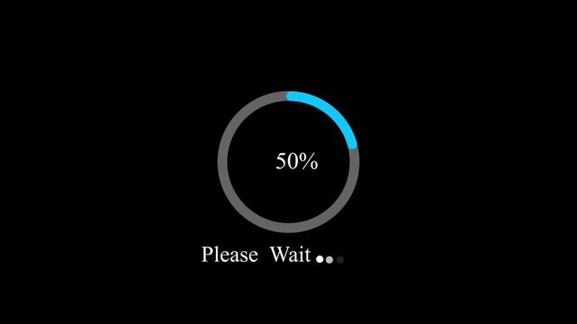 Digital Please Wait message with blue circular loading animation on black background , with video animation.