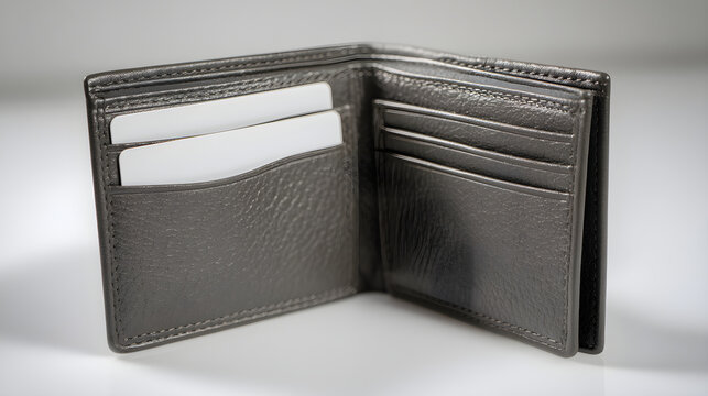 Open black leather wallet displaying credit cards