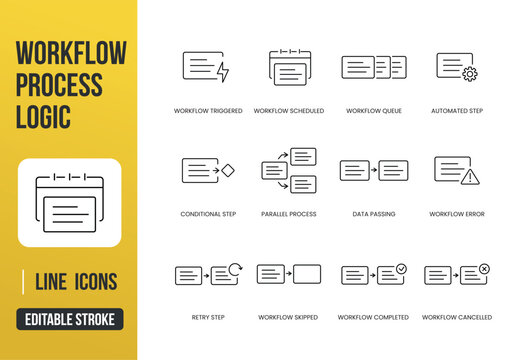 A set of workflow process logic UI icons for automation steps, conditions, and execution states in web and app interfaces, created in line style with editable stroke