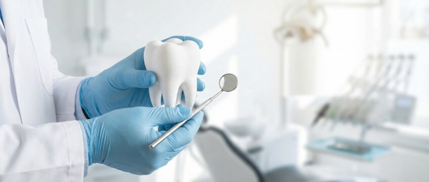 Mains de dentiste en gants bleus tenant un mod&egrave;le de dent en 3D. Fond flou de clinique dentaire, banni&egrave;re avec espace de copie pour le texte.