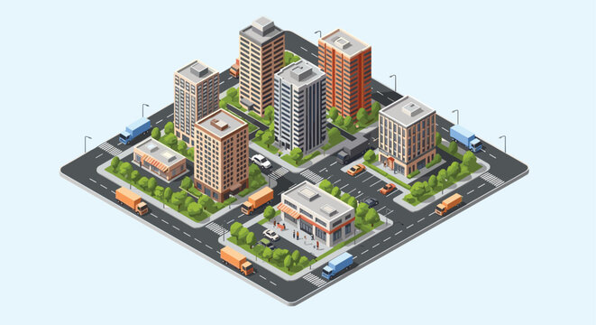 Detailed isometric city block layout with various residential buildings retail shops and trucks moving on streets.