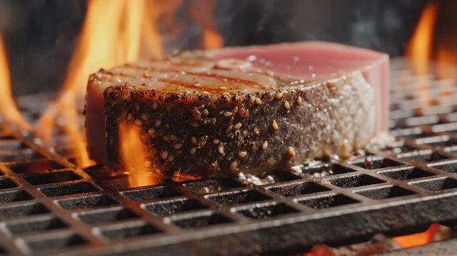Grilled steak on a blazing grate, sizzling with seared crust and flickering orange flames sizzling
