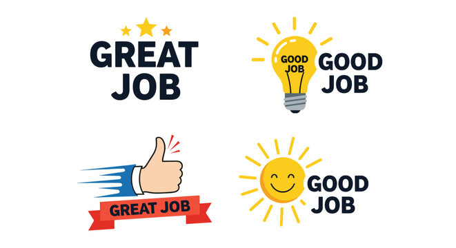 Set of colorful stickers with motivational text great job and good job featuring light bulb, thumbs up, sun, and gold stars icons.