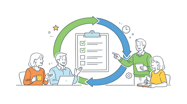 Employees reinforcing habit consistency and maintaining structured routines together during a shared productivity reflection meeting in a calm office