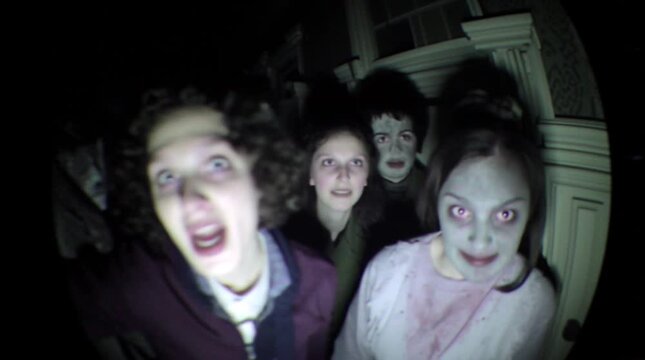 Zombies at your doorstep: terrifying POV of a zombie mob attacking a house at night, found footage. Claustrophobic