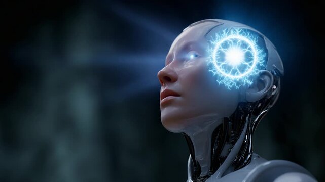 Futuristic humanoid robot with advanced neural processing technology, showcasing a glowing sphere of energy emanating from its head, symbolizing artificial intelligence's potential.