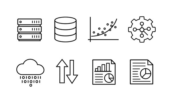 Big data analysis: server stack, database cylinder, scatter plot, trend curve, algorithm gear, cloud data, comparison arrows, report document