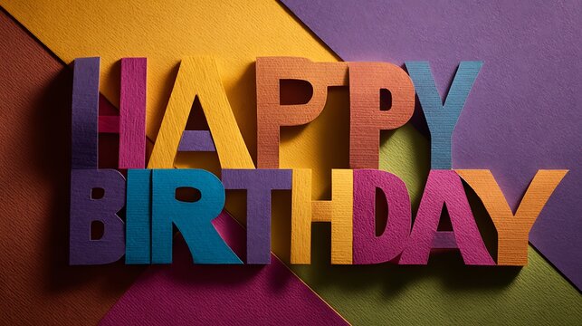 Paper art banner with "Happy Birthday" letters composed of layered paper in strong contrasting hues, abstract background with sharp color divisions, controlled lighting with high contrast shadows, sli