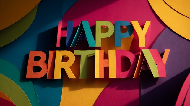 Paper art banner with "Happy Birthday" letters composed of layered paper in strong contrasting hues, abstract background with sharp color divisions, controlled lighting with high contrast shadows, sli