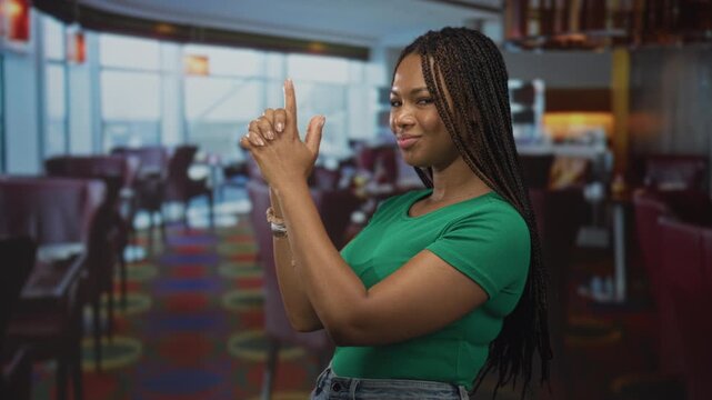 Woman finger pointing gesture with hands clasped like a toy gun, wearing green shirt in a building dining area; playful confidence.