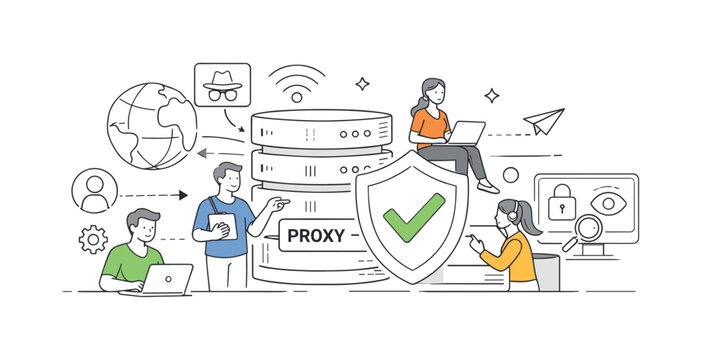 A cybersecurity and network infrastructure scene focused on proxy server usage for secure and private internet access, where a small team manages data routing and protection around