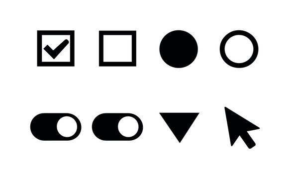 UI selection controls: checkbox checked, checkbox unchecked, radio selected, radio unselected, toggle on, toggle off, dropdown arrow, selection cursor