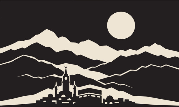 A minimalist graphic illustration of the mecca cityscape set against a backdrop of dark mountains isolated on transparent background, Vector