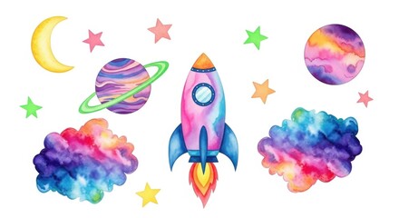 Fototapeta premium Colorful Space Themed Watercolor Illustration with Cosmic Galaxy Background with Planets and Stars.