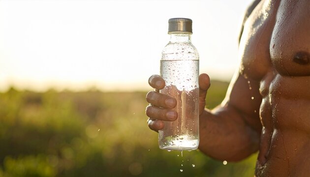 Close up of a shirtless man holding a bottle of refreshing water outdoors at sunset.