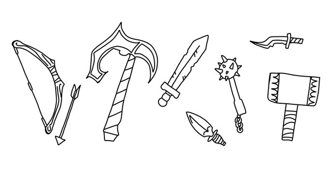 Medieval fantasy weapon doodle set with bow, axe, sword, flail, dagger, and hammer. Hand drawn rpg or dnd equipment asset bundle in simple line art style