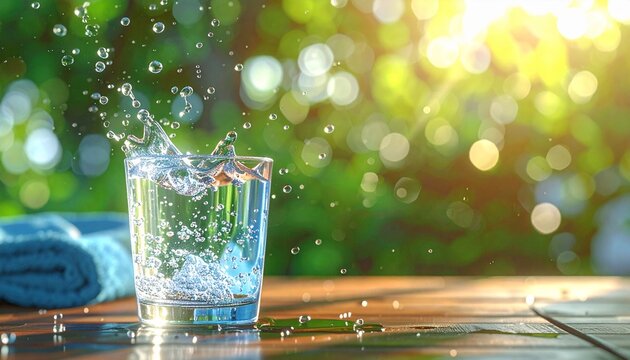 Refreshing glass of pure water splashing on a wooden table in a sunny green garden.