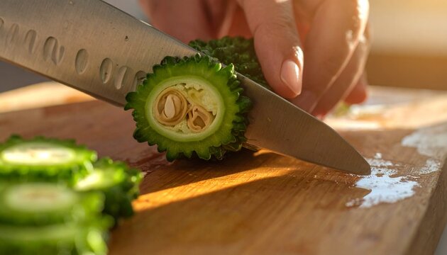 Close up of a hand slicing fresh bitter melon on a wooden cutting board.