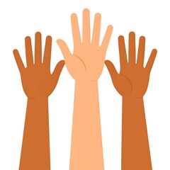 Fototapeta premium Cartoon illustration of three diverse hands raised in unity, depicting concepts of support and agreement