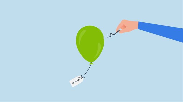 Reduce inflation by increase interest rate, 4k animation of Entrepreneur using needle to pop a balloon representing inflation with a price tag attached