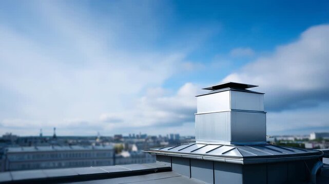 Industrial air ventilation system with visible ducts and heat recovery unit on factory rooftop, energy-efficient engineering, sustainable production technology, metallic textures