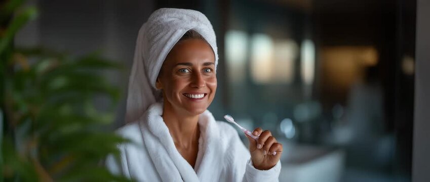 Woman in towel checking teeth with toothbrush in bathroom, oral hygiene, dental care, tooth problem, gum irritation, home self care, morning routine, healthcare, close up, personal