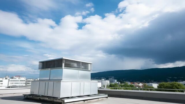 Industrial air ventilation system with visible ducts and heat recovery unit on factory rooftop, energy-efficient engineering, sustainable production technology, metallic textures