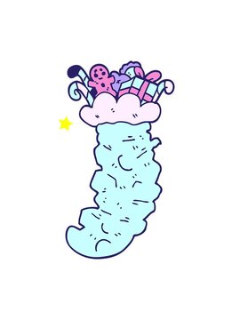 twinkling stars effect animation of cartoon doodle christmas stocking stuffed with toys