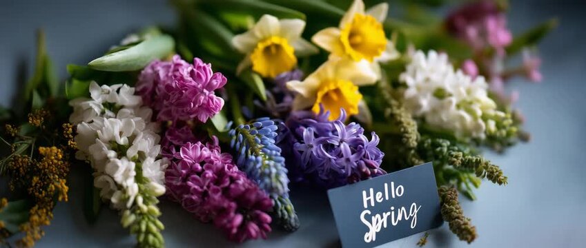 Hello spring text card with colorful flowers on light background, seasonal greeting, spring blossoms, floral composition, fresh bloom, cheerful holiday design, nature inspiration
