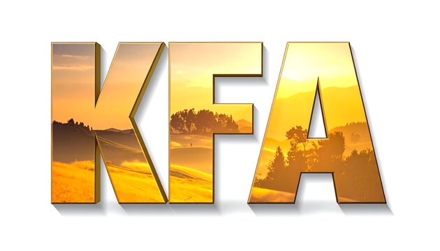Bold, golden 3D text "KFA" against white backdrop, showcasing a beautiful, vibrant landscape. The landscape is seen through each letter