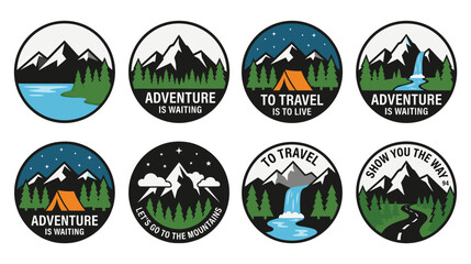 Set of mountain adventure badges with camping and travel themes. © GW