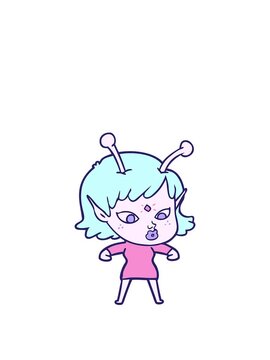 stretching up animation of a pretty cartoon alien girl
