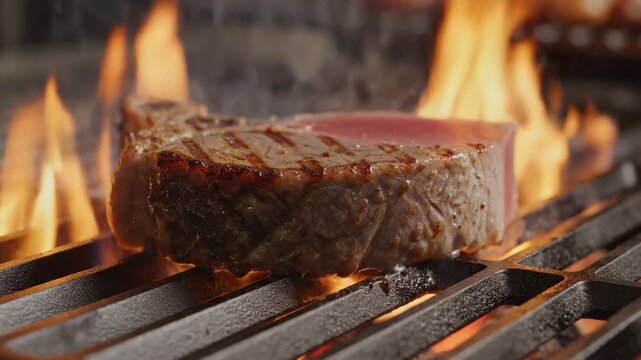 Juicy steak sears over open flames on a grill, smoky crust forming as juices sizzle. Rich smoky note