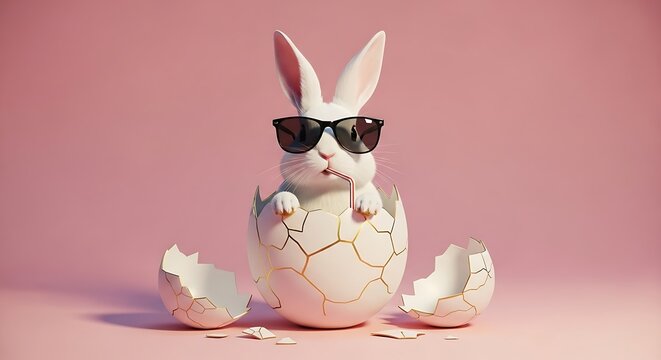 A white rabbit wearing sunglasses and sitting on a pink background with broken eggshell