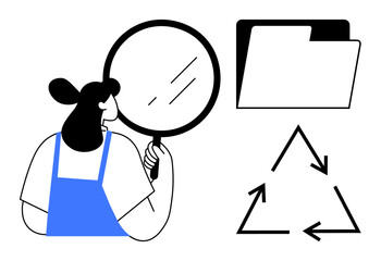 Research, sustainability, waste management, information, data organization, eco-friendly practices. Woman examining details with magnifying glass alongside folder and recycling triangle. Research © robu_s