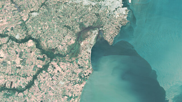 Satellite view of Montevideo coastline and urban area, Argentina, July 2025, High-resolution satellite image of Montevideo&rsquo;s coastal city and surrounding urban area captured in July 2025
