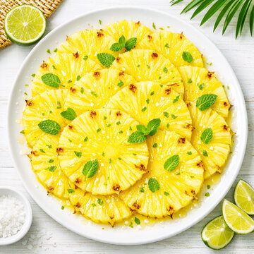 Fresh Pineapple Carpaccio with Zesty Lime and Mint Garnish.